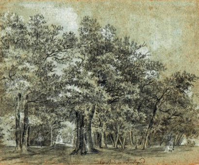 Claude HOIN (1750-1817) Vue prise au Bois de Boulogne Pierre noire, rehauts de blanc....