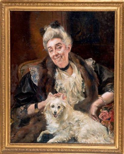 Paul-Albert BESNARD (1849-1934) Portrait de femme et de son chien Huile sur toile...