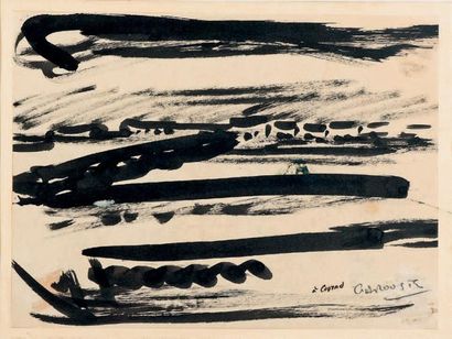 Henri GARROUSTE (1890-1982) Paysage Dessin à l'encre au pinceau, signé et dédicacé...