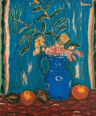 Leen VERHOEVEN (1883-1932) Bouquet de fleurs au pichet bleu Huile sur toile, signée...