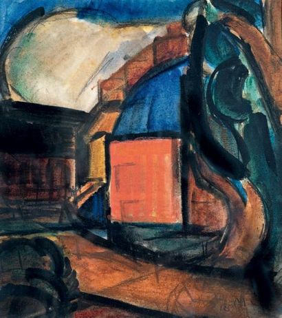 Marcel GROMAIRE (1892-1971) Le toit bleu, 1918 Lavis d'encre et gouache, signée des...