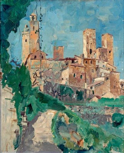 Germ de JONG (1886-1967) St. Gimignano, 1931 Huile sur panneau, signée et datée en...