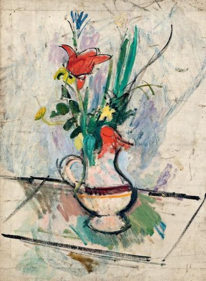 Rudolf LEVY (1875-1943) Bouquet de fleurs au pichet, vers 1910 Huile sur toile. (Accidents)....