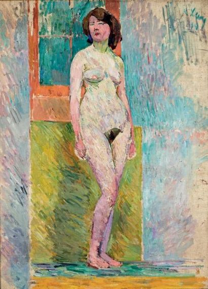 Rudolf LEVY (1875-1943) Modèle nu debout dans l'atelier, 1910 Huile sur toile, signée...