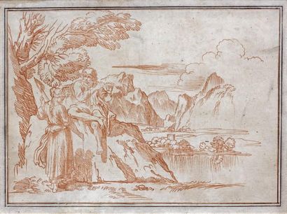 Attribué à Michel CORNEILLE (1642-1708) Paysage montagneux avec bergers Sanguine....