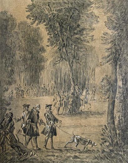 D'après Jean-Baptiste OUDRY Rendez-vous de chasse, Louis XV tenant le limier en forêt...