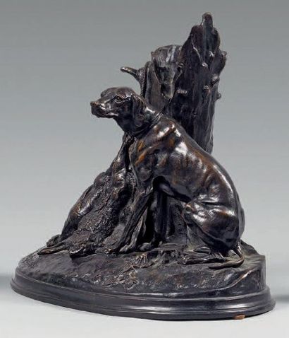 D'après Pierre-Jules MÊNE (1810-1879) Chien gardant un tableau de chasse Statuette...
