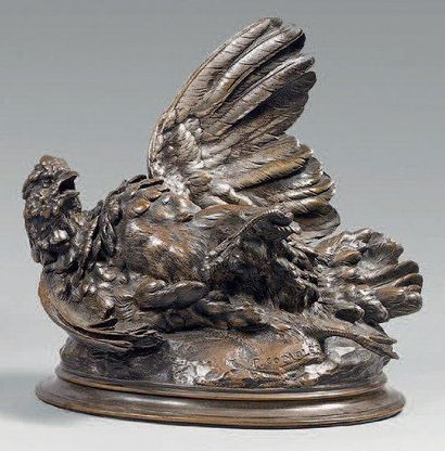 D'après Paul COMOLERA (1818-1897) Perdrix blessée Épreuve en bronze argenté, signée....