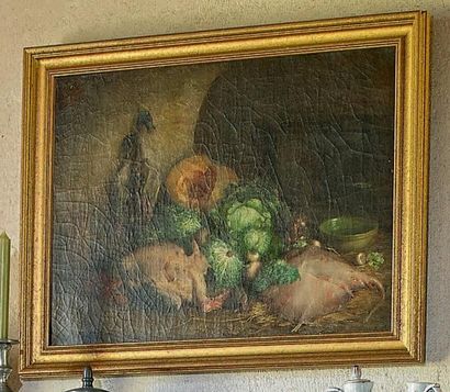 Juliette P. BONHEUR (1830-1891) Nature morte de victuailles Huile sur toile, signée...