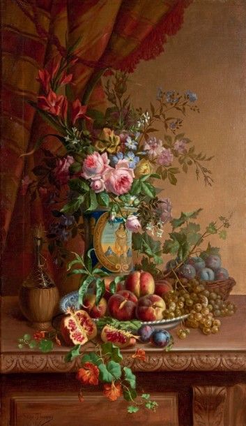 Félix THOMAS Nature morte aux fleurs et aux fruits, 1876 Huile sur toile, signée...