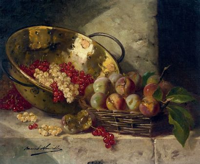 Alfred Arthur BRUNEL DE NEUVILLE (1852-1941) Groseilles et prunes Huile sur toile,...