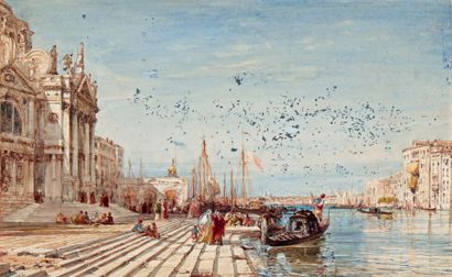 École du XIXe siècle Venise, gondole à quai devant San Giorgio Aquarelle gouachée,...