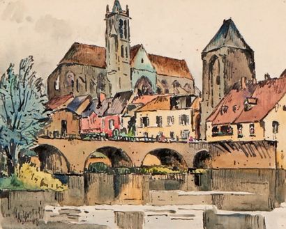 Gaston BALANDE (1880-1971) Moret-sur-Loing Aquarelle, signée en bas à gauche. 22...