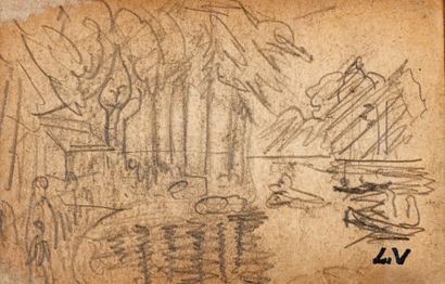 Louis VALTAT (1869-1952) Le lac du bois de Boulogne Dessin au crayon noir, porte...