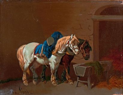 Théodore FORT (1810-1896) Chevaux de labour Huile sur toile, signée en bas vers la...