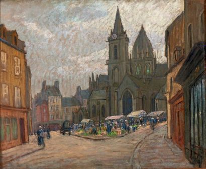 Maurice PIGEON (1883-1944) Marché devant l'église, Cotentin (?) Pastel, signé en...