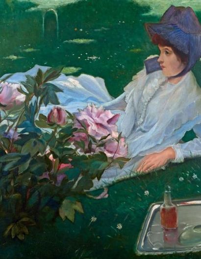 Jacques-Emile BLANCHE (1861-1942) Henriette Chabot aux pivoines, 1884 Huile sur toile,...