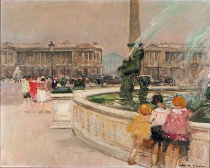 Jules René HERVÉ (1887-1981) Enfants à la fontaine place de la Concorde Huile sur...