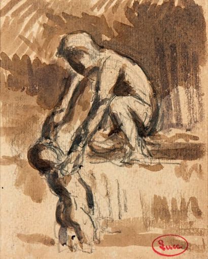Maximilien Luce (1858-1941) Deux enfants à la rivière Dessin au lavis sur traits...