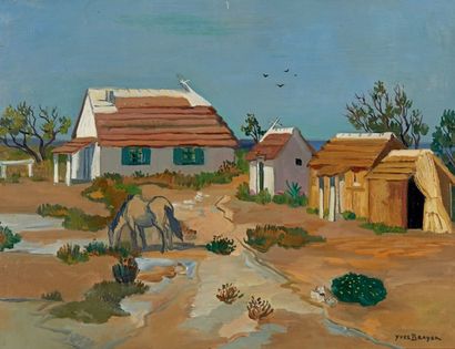 Yves BRAYER (1907-1990) Cabanes en Camargue Huile sur toile, signée en bas à droite...