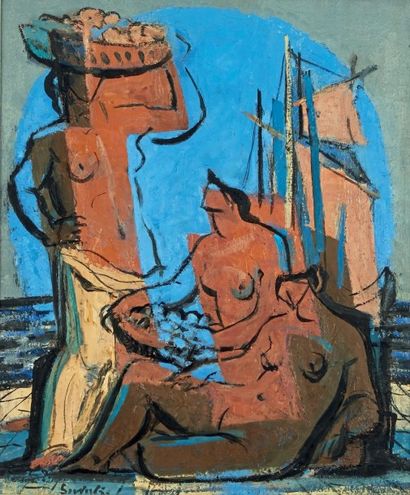 Jean SOUVERBIE (1891-1981) Sur le port, 1970 Huile sur toile, signée en bas vers...