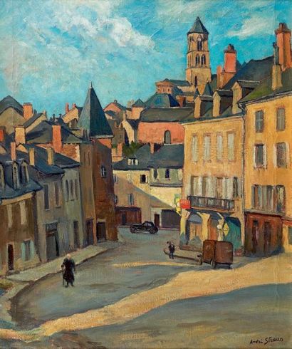 André STRAUSS (1885-1971) Rue à Uzarche, Corrèze, 1945 Huile sur toile, signée en...