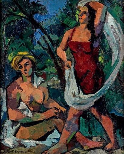 Jean VIOLLIER (1896-1985) Baigneuse à l'écharpe, 1947 Huile sur toile, signée et...