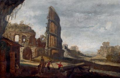École ROMAINE du XVIIIe siècle Ruines du Colisée Huile sur toile. (Accident). 61,5...