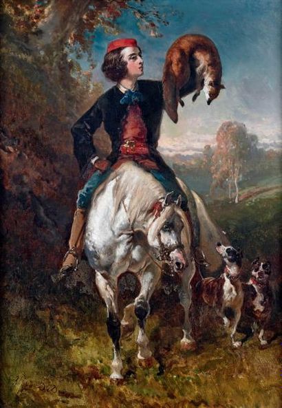 Alfred de DREUX (1810-1860) L?Écossais au renard Huile sur toile, signée en bas à...