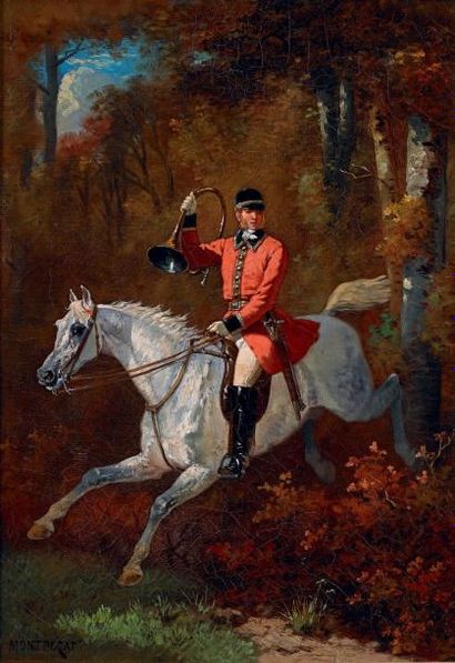 Henri Auguste de MONTPEZAT (1817-1859) Piqueux sur un cheval gris Huile sur toile,...