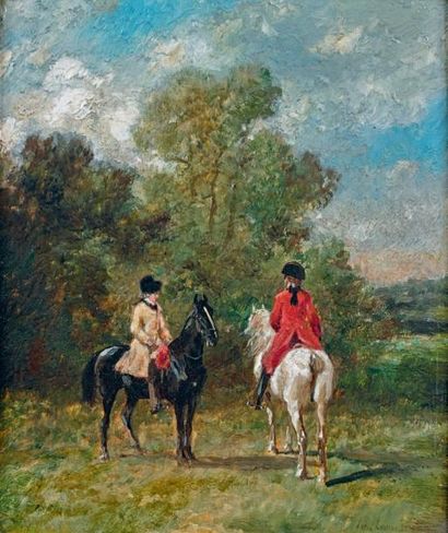 John Lewis BROWN (1829-1890) Deux cavaliers en habit Louis XV Huile sur panneau,...