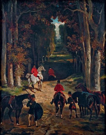 ÉCOLE du XIXe siècle d'après Alfred de DREUX Veneurs en forêt Huile sur toile. 46...