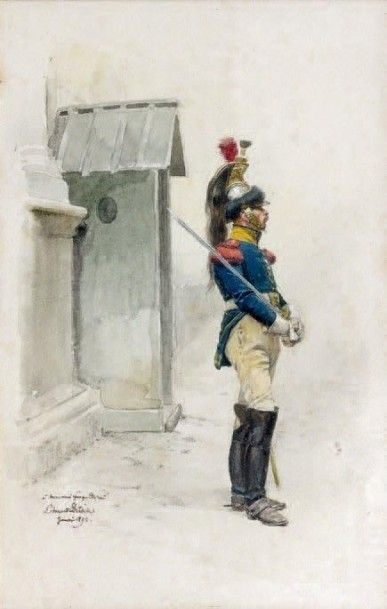 Edouard DETAILLE (1848-1912) Cuirassier en sentinelle, 1er Empire Aquarelle et gouache,...