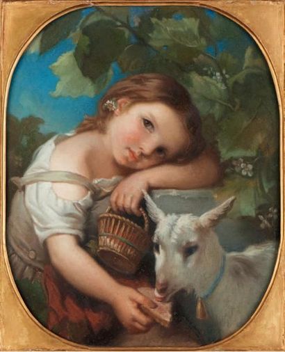 École Française du XIXe siècle Petite fille à la chèvre Pastel. 43 x 32 cm