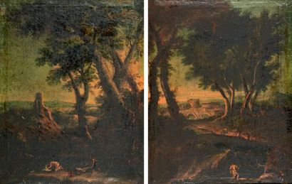 École ITALIENNE de la fin du XVIIe siècle Paysage animé Deux huiles sur toile formant...