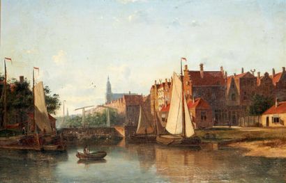 John Frederik HULK (1855-1913) Vue d'un canal à Amsterdam Huile sur toile signée...