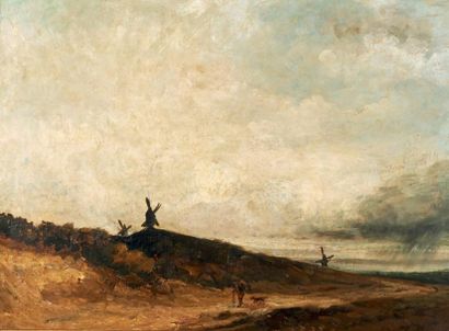 Georges MICHEL (1763-1843) Paysage aux moulins et paysan Huile sur toile, rentoilée....