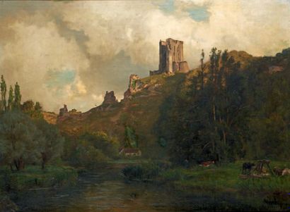 Charles BUSSON (1822-1908) Paysage au château en ruines Huile sur toile signée en...