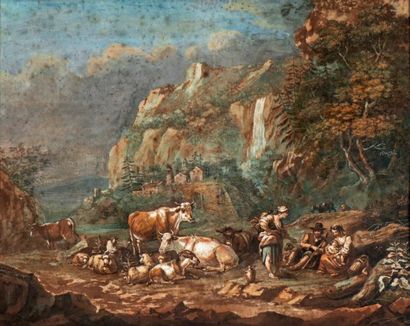 École FRANÇAISE du XVIIIe siècle Paysage montagneux avec troupeau et famille de paysans...
