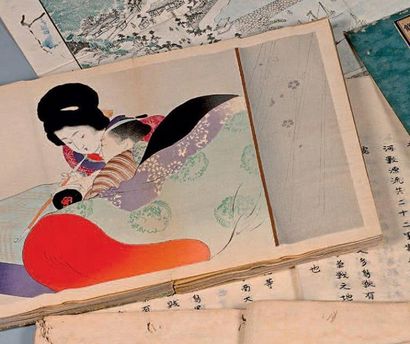  Album comprenant douze chuban yoko-e, shunga, représentant des couples enlacés....