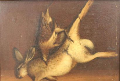 null F. CHOPITEL +++ :
"Lièvre et oiseau".
Huile sur toile, signée en bas à droite...