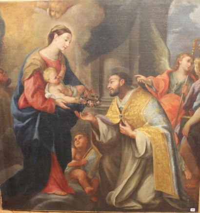null Ecole française du XVIIème siècle :
"Saint recevant une couronne de fleurs des...