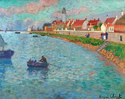 Eugène Henri CHIGOT (1860-1923) Village de pêcheurs Huile sur carton, signée en bas...