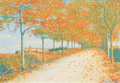 Achille LAUGE (1861-1944) Cailhau, route en automne Huile sur toile, signée en bas...