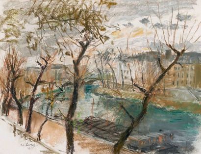 René LEVREL (1900-1981) Paris, les quais, 1947 Pastel, signé et daté 47 vers le bas...