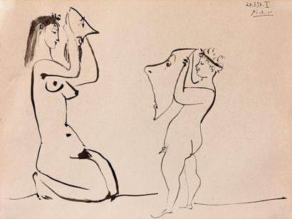 Pablo Picasso (1881-1973) Les masques, 1954 (V) Dessin à l'encre, signé, daté "24.1.54"...