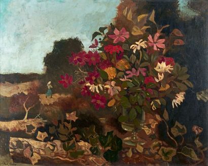 Roland OUDOT (1897-1981) Vase de fleurs dans un paysage Huile sur toile, signée en...