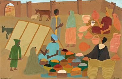 Mohamed BEN ALLAL (1928-1995) Devant les remparts, le marché aux épices et aux poteries...