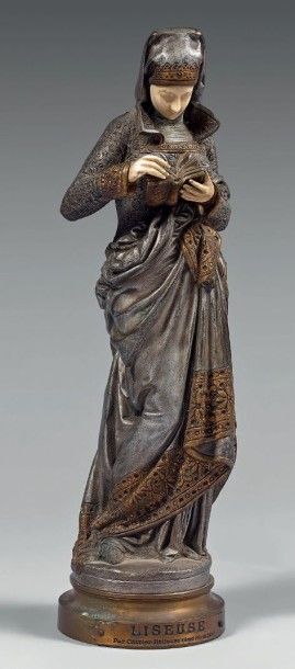 Albert CARRIER-BELLEUSE (1824-1887) La Liseuse Chryséléphantine, épreuve en bronze...