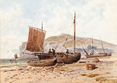 Eugène CICERI (1813-1890) Barques de pêcheurs à marée basse Aquarelle, signée en...